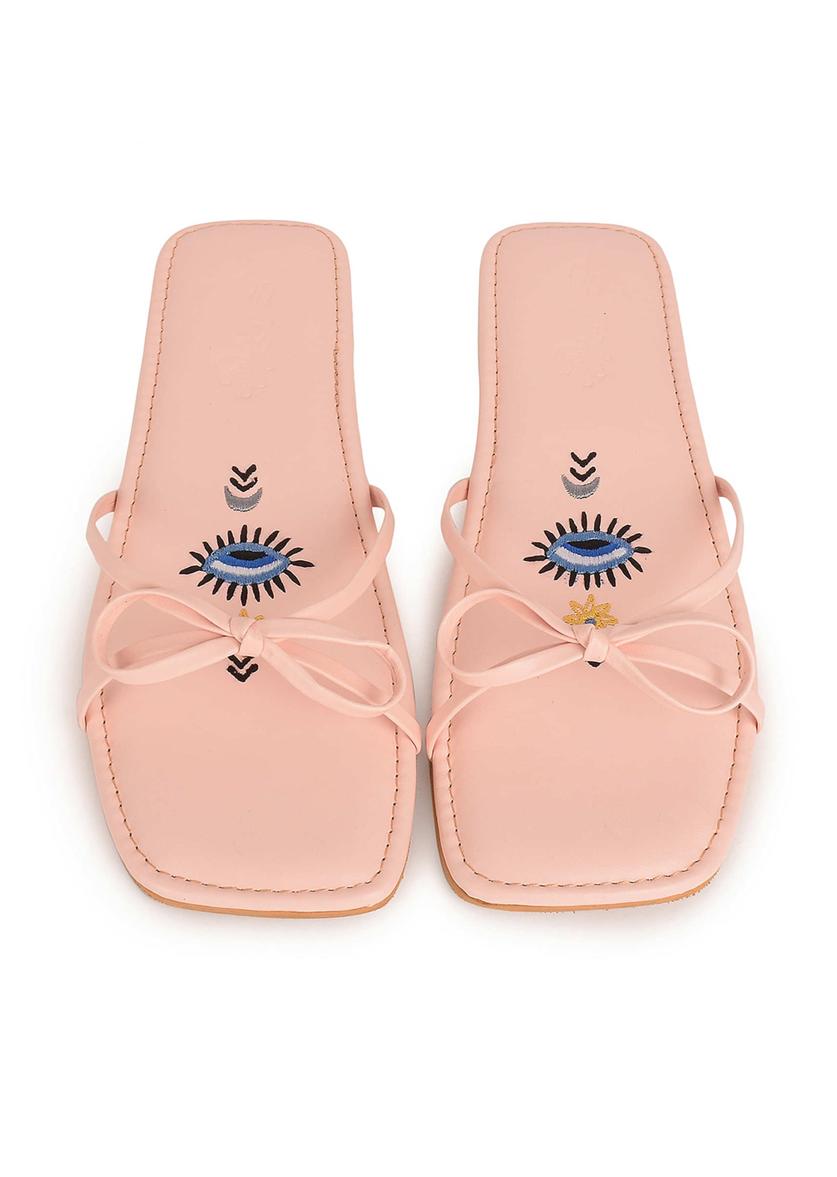 Pastel Pink Flats With Bow Detailing And Evil Eye Motif By Sole House
