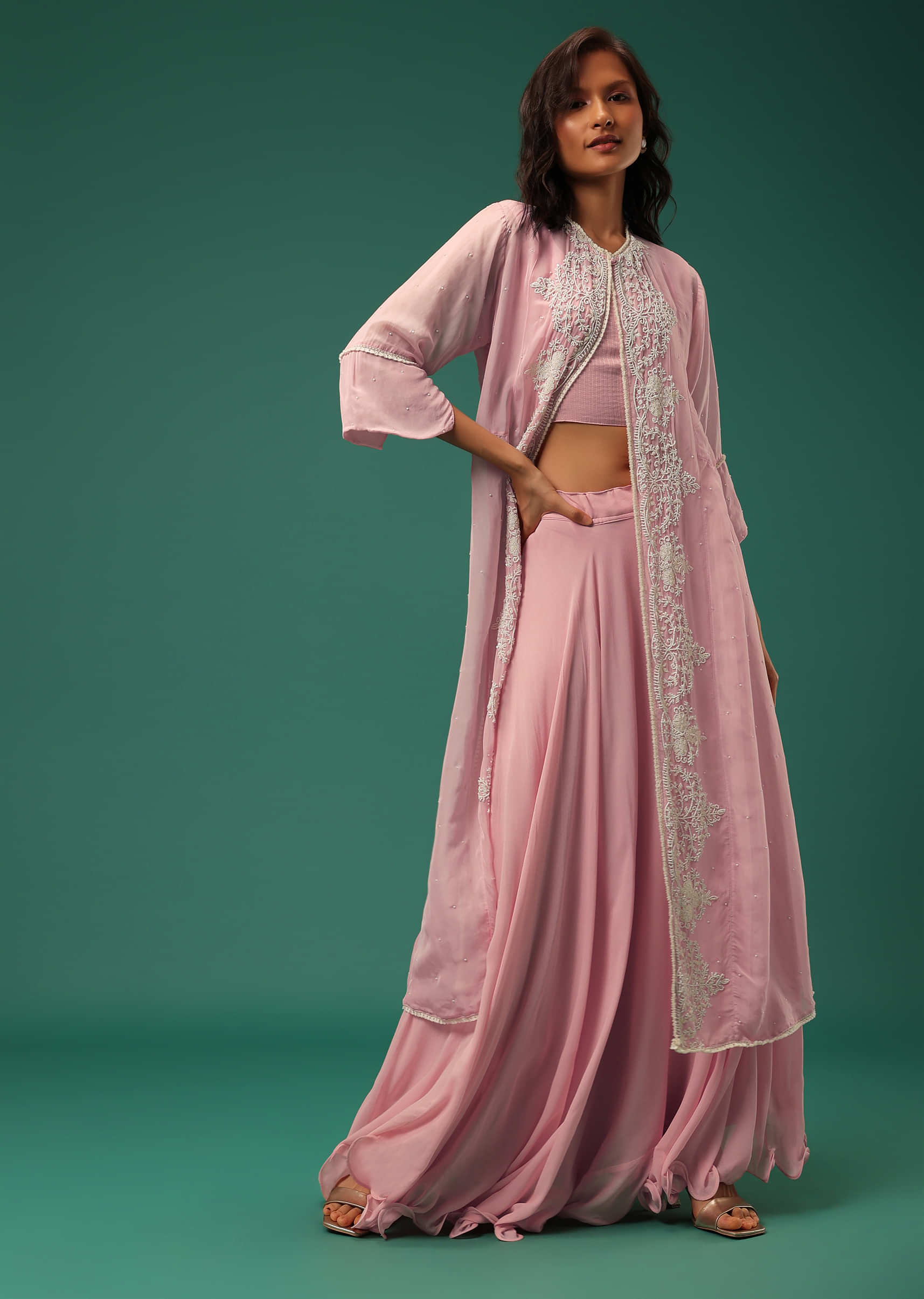 In　Buy　With　Jacket　Fashion　Embroidered　Indowestern　India　Pastel　Georgette　Set　Pink　Lehenga　Kalki