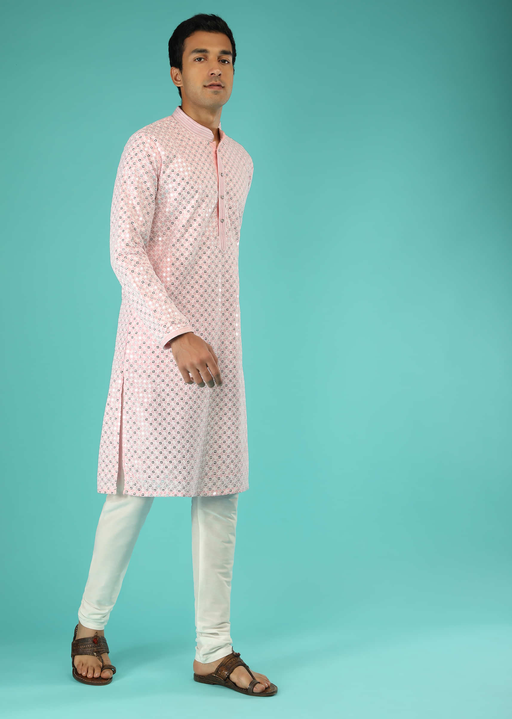Pastel Pink Kurta Set In Cotton Blend With Thread And Sequins Embroidered Geometric Jaal