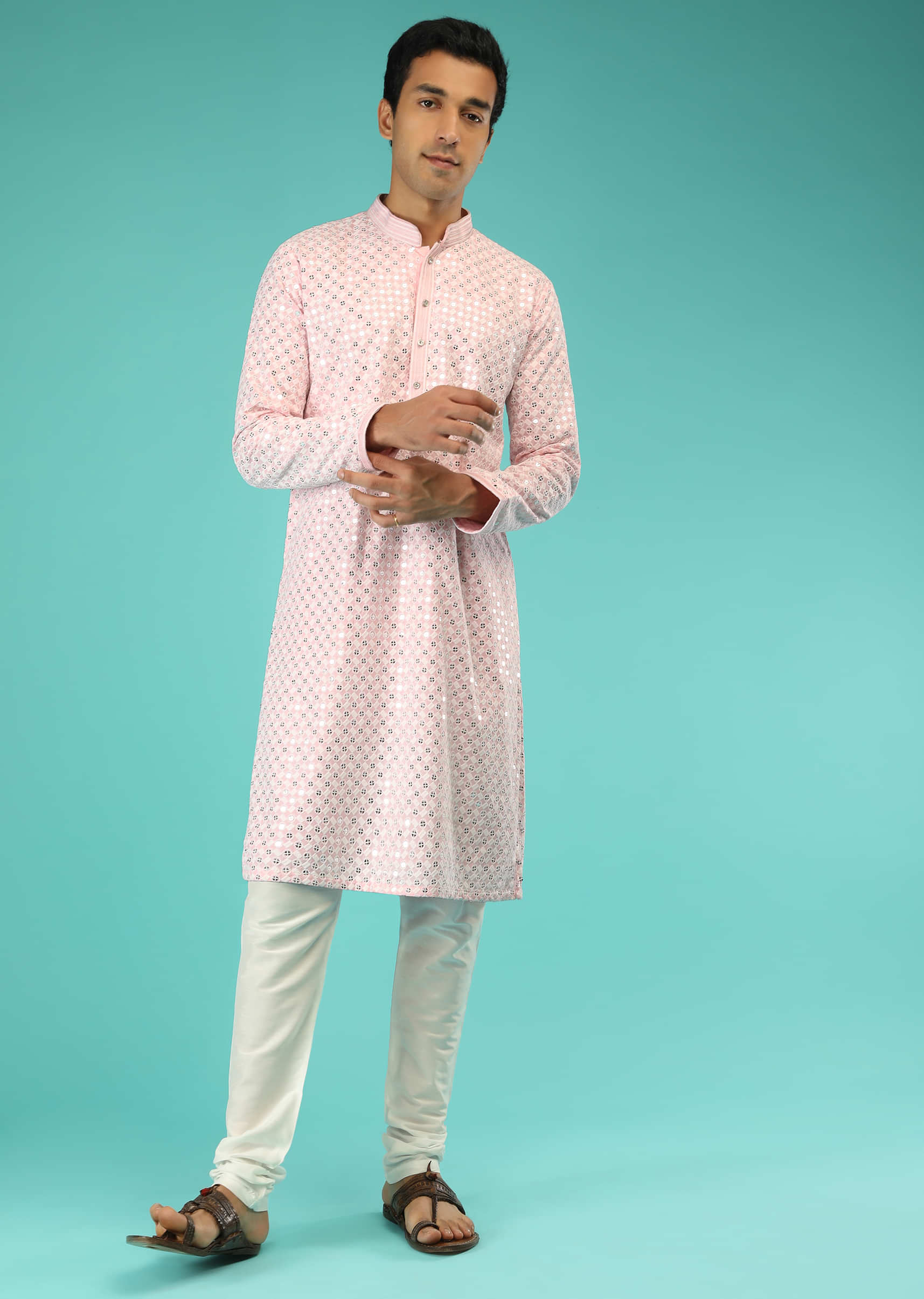 Pastel Pink Kurta Set In Cotton Blend With Thread And Sequins Embroidered Geometric Jaal