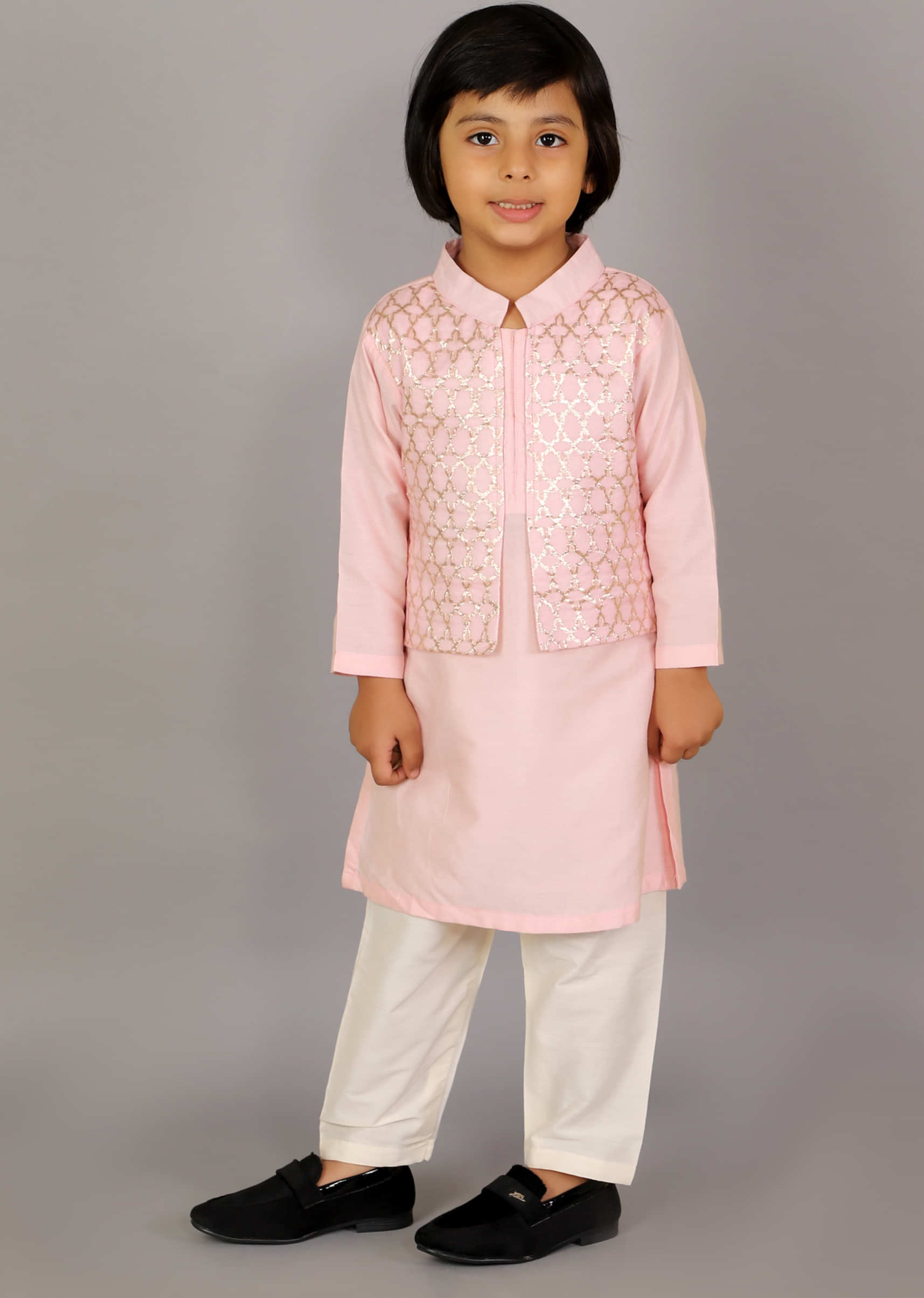 Kalki Boys Pastel Pink Kurta Set With Attached Jacket Featuring Zari Weave 
