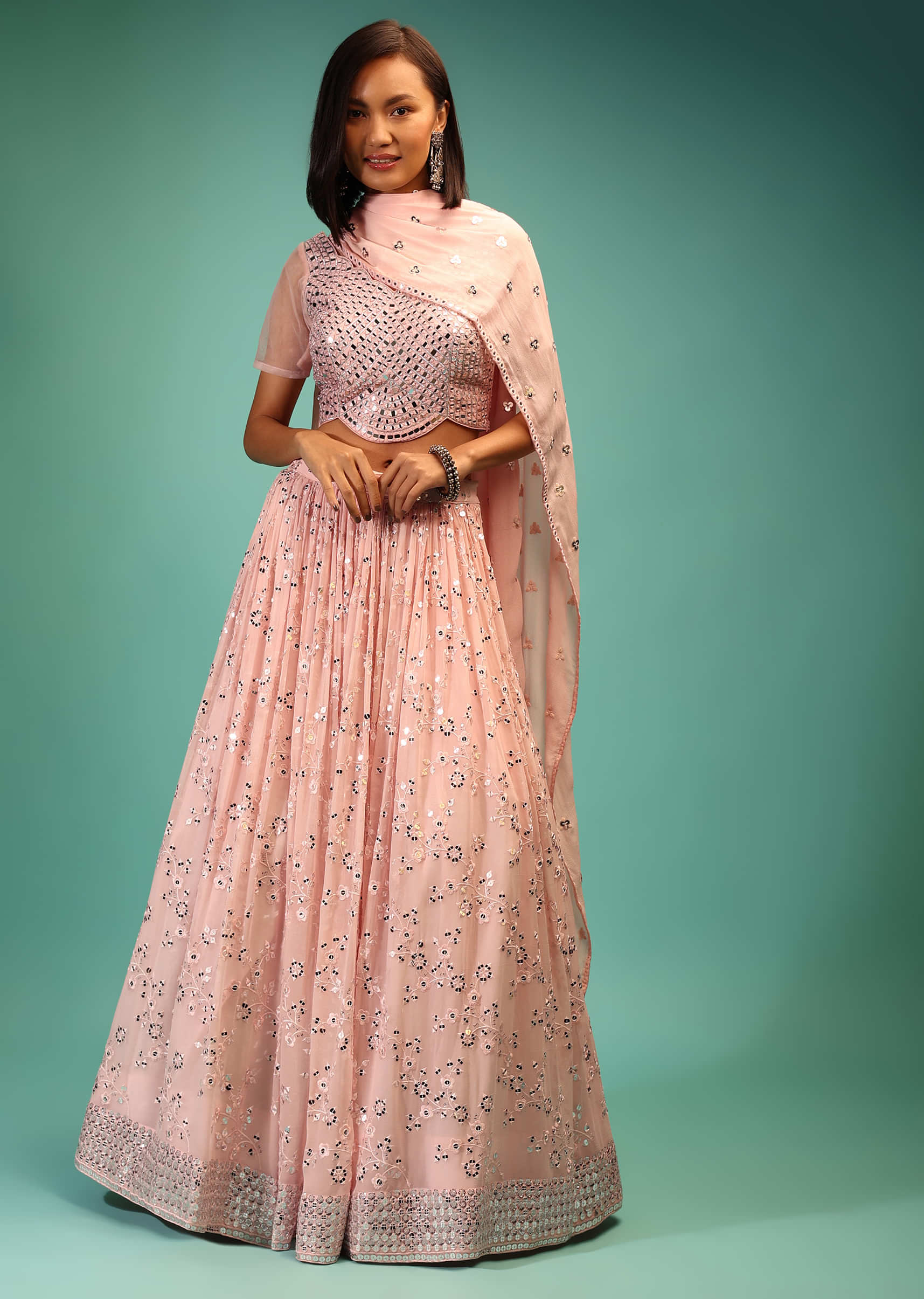 Pastel Pink Lehenga Choli In Georgette With Sequins And Mirrored Work 