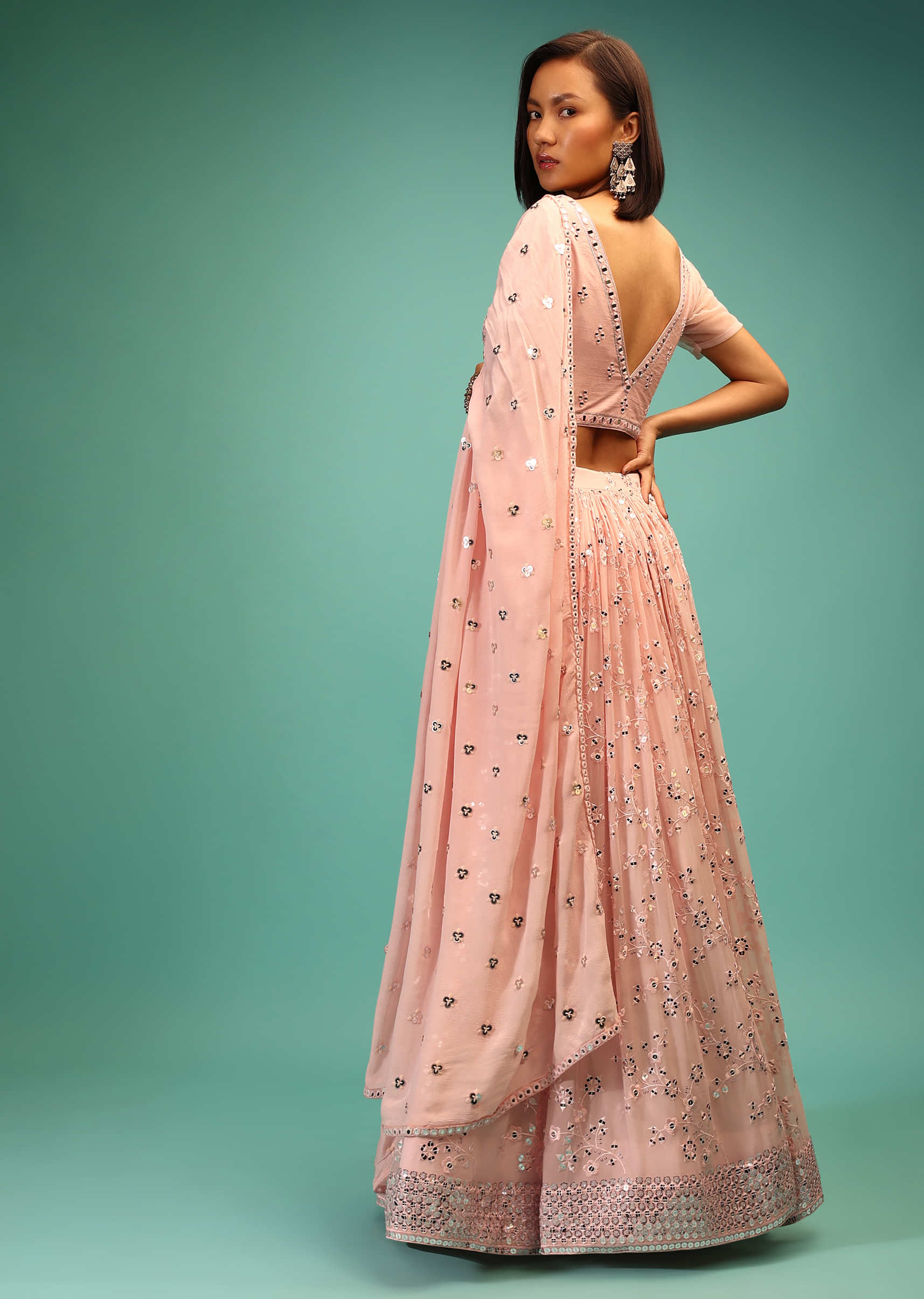 Pastel Pink Lehenga Choli In Georgette With Sequins And Mirrored Work 