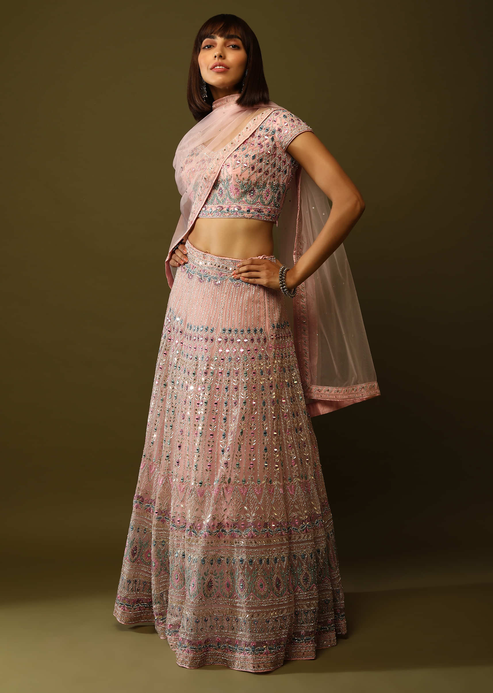Pastel Pink Lehenga Choli In Net With Multi Colored Resham And Abla embroidery Mughal Motifs  