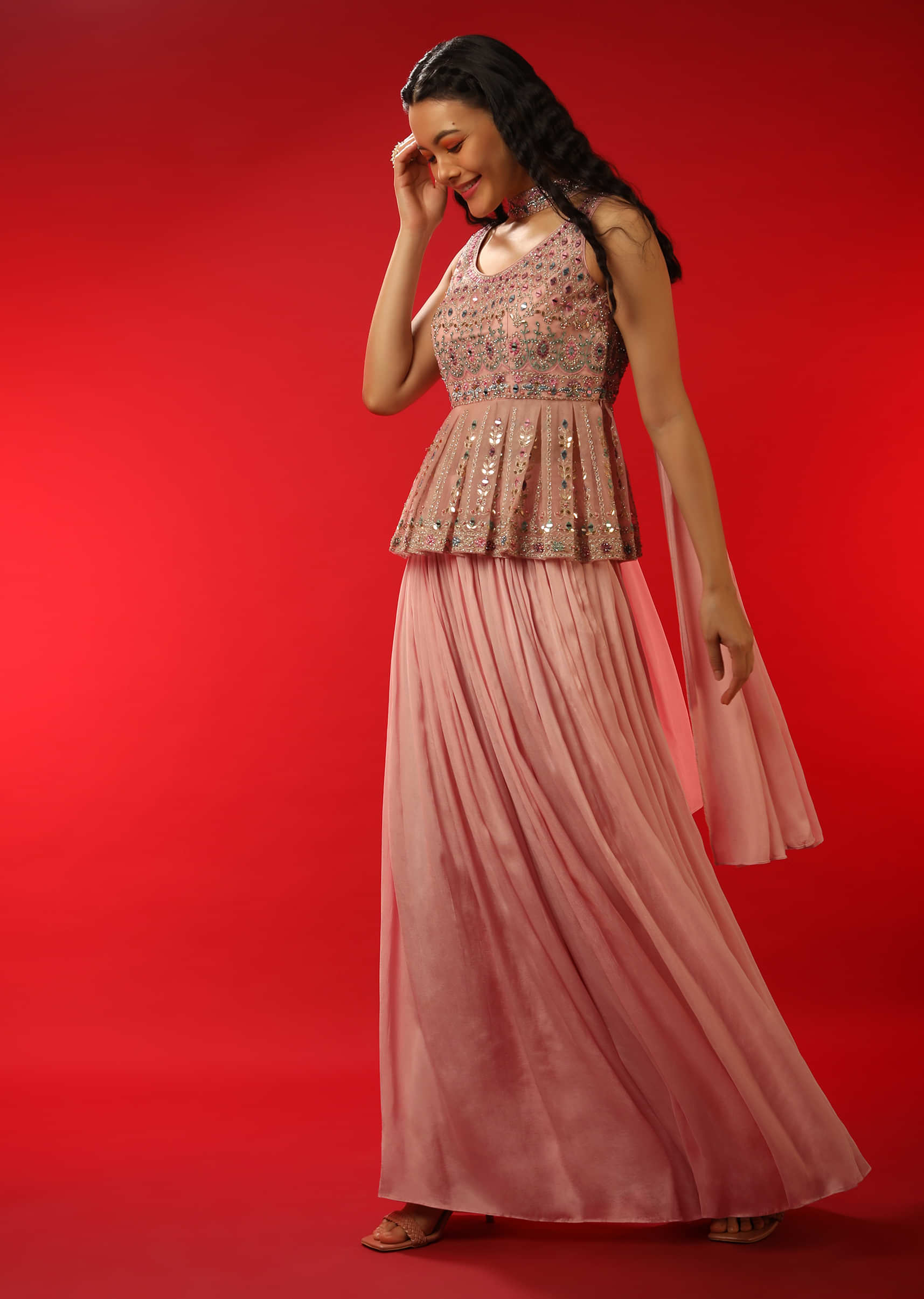 Pastel Pink Palazzo And Peplum Suit With Multi Colored Resham And Mirror Abla Embroidered Floral Motifs  