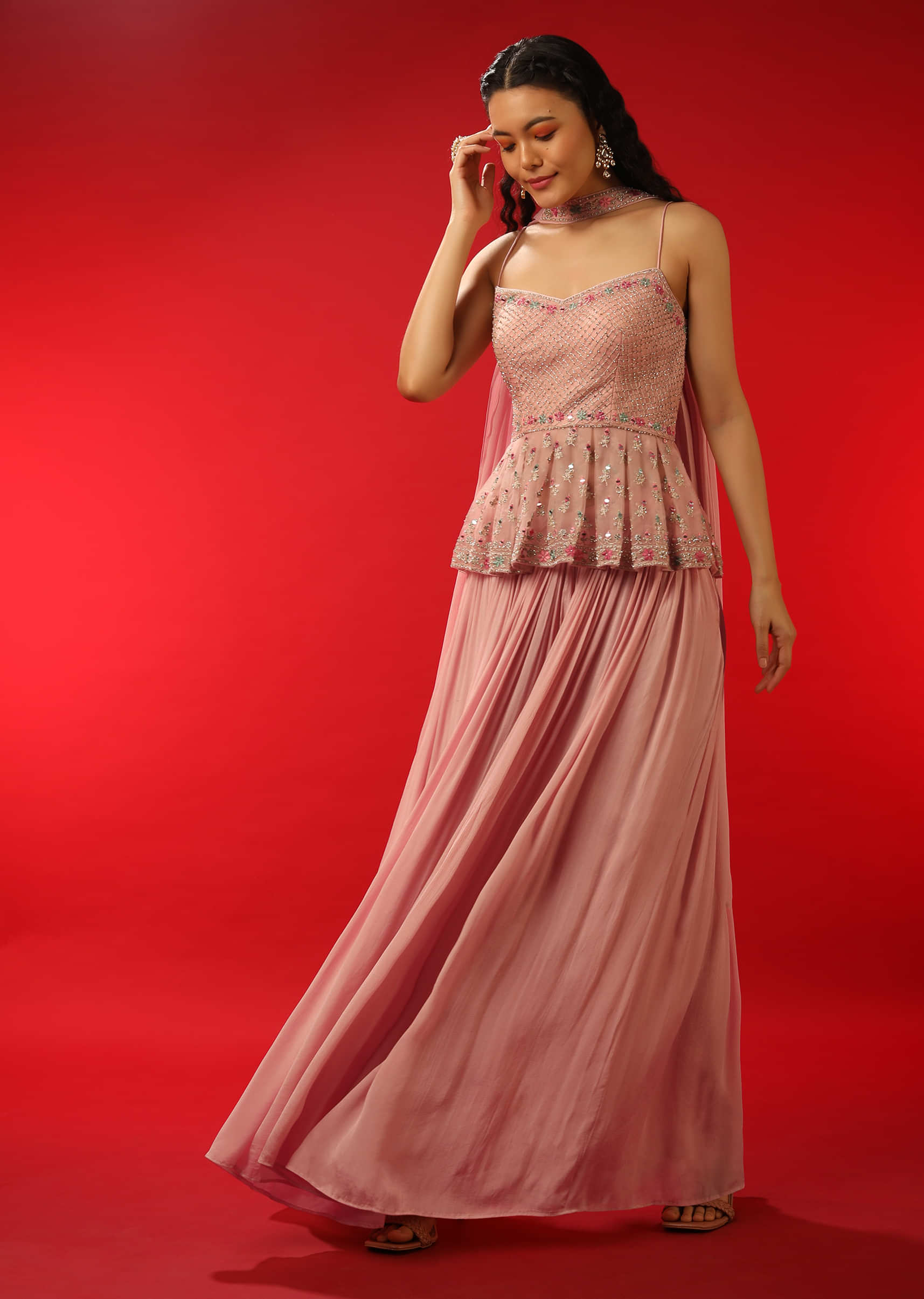 Pastel Pink Palazzo And Peplum Suit With Multi Colored Resham And Mirror Abla Embroidery  