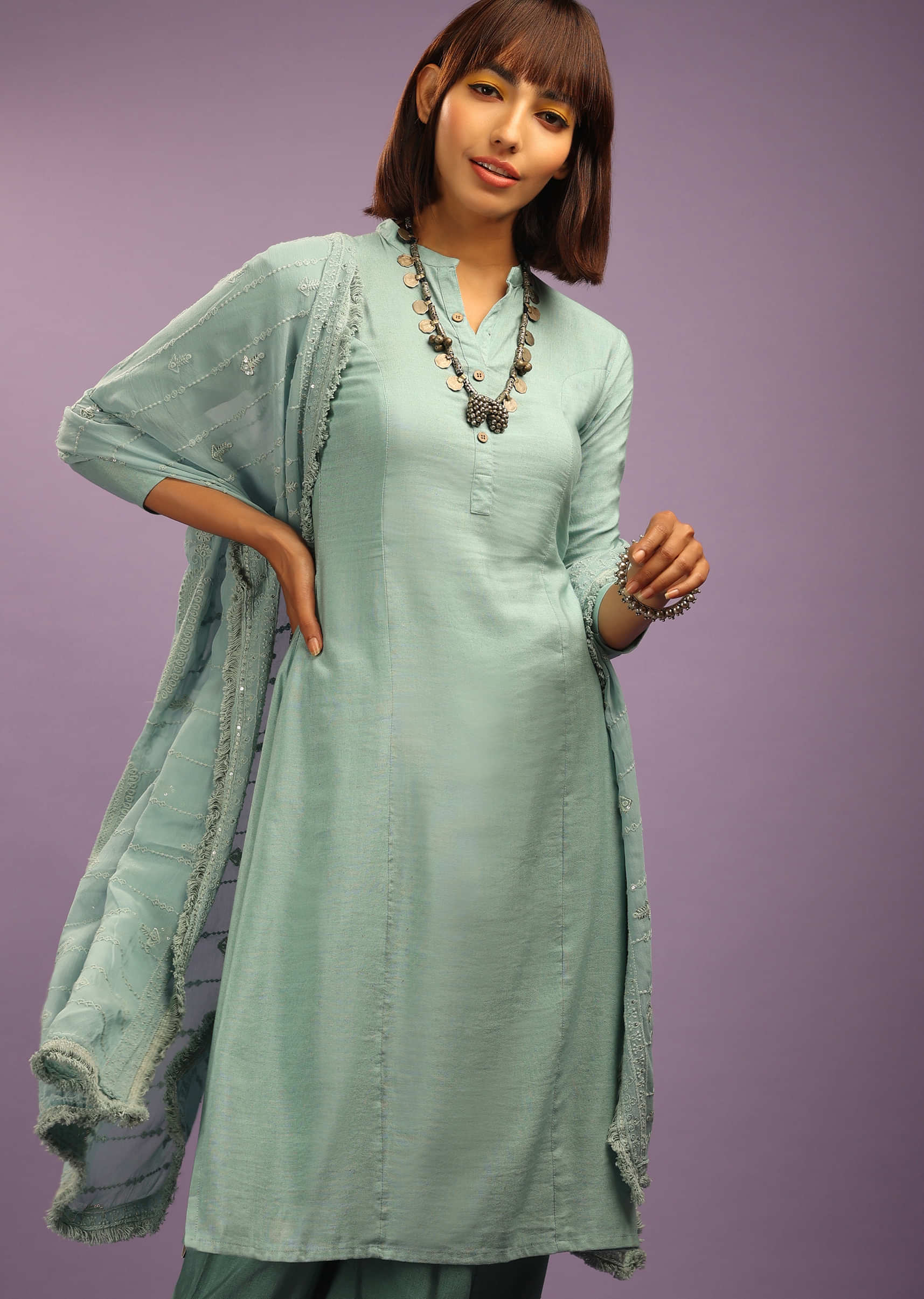 Pastel Turquoise Cowl Dhoti Suit In Khadi Cotton With Lucknowi Dupatta  