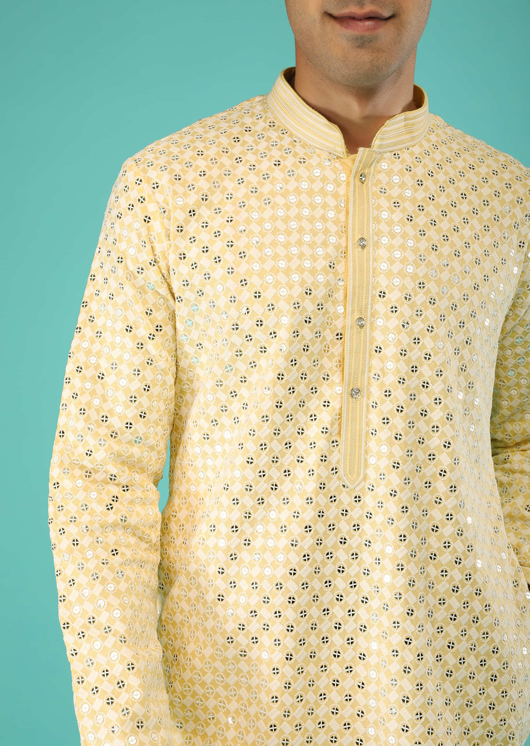Pastel Yellow Kurta Set In Cotton Blend With Thread And Sequins Embroidered Geometric Jaal