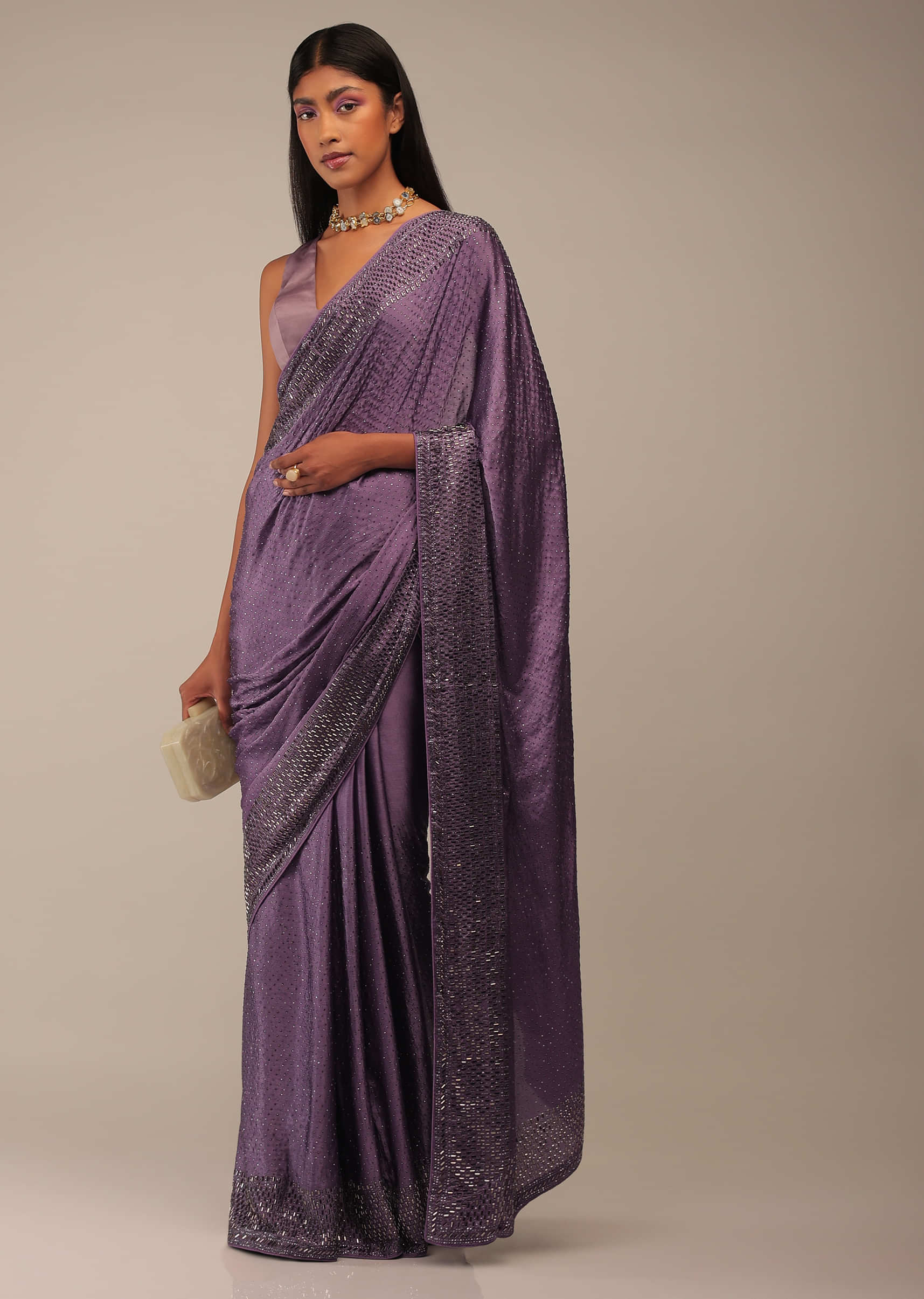 Patrician Purple Saree In Stones Embellishment, Crafted In Chiffon With Scattered Stones
