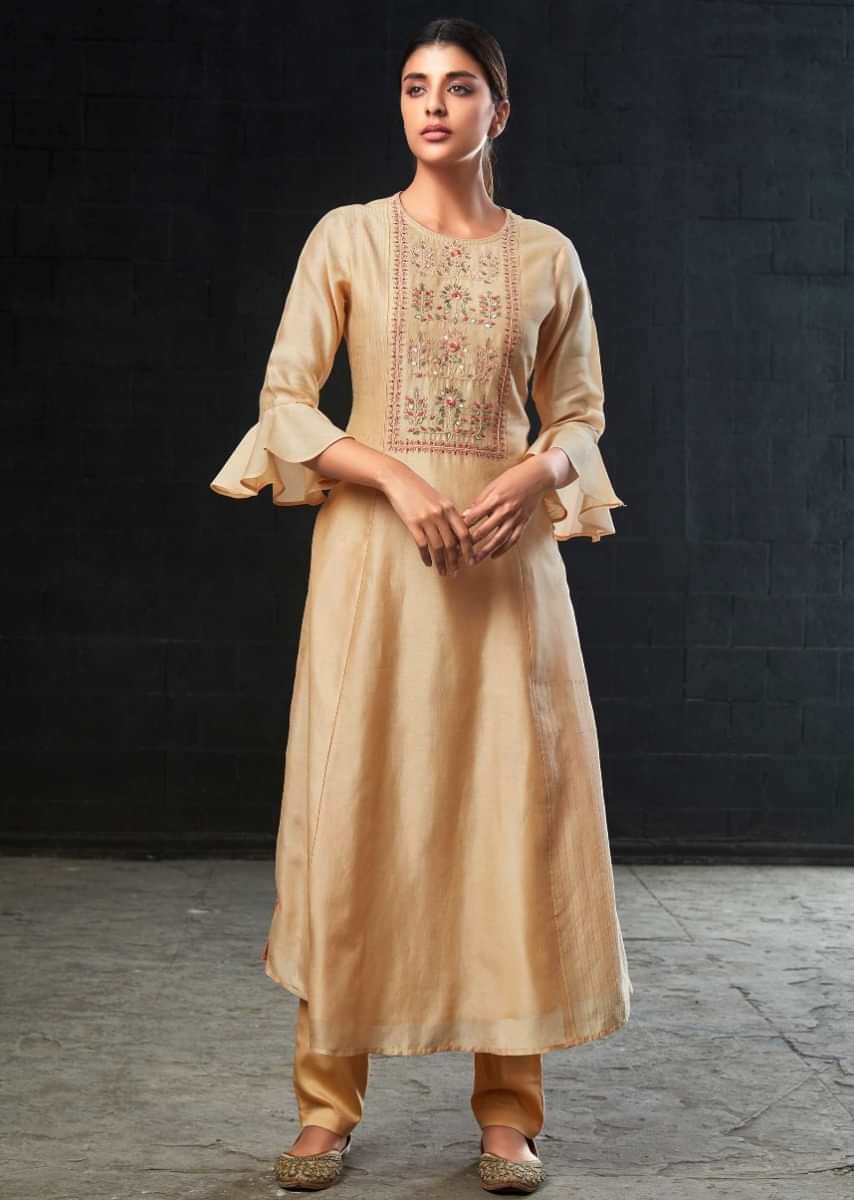 Creamish Peach Suit In Cotton Silk With Floral Embroidered Placket Online - Kalki Fashion