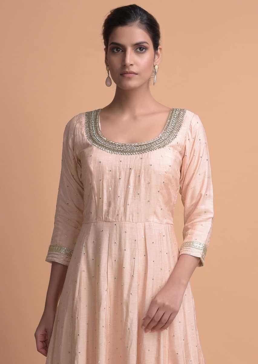 Peach Anarkali Suit In Silk With Sequins And Zari Buttis All Over