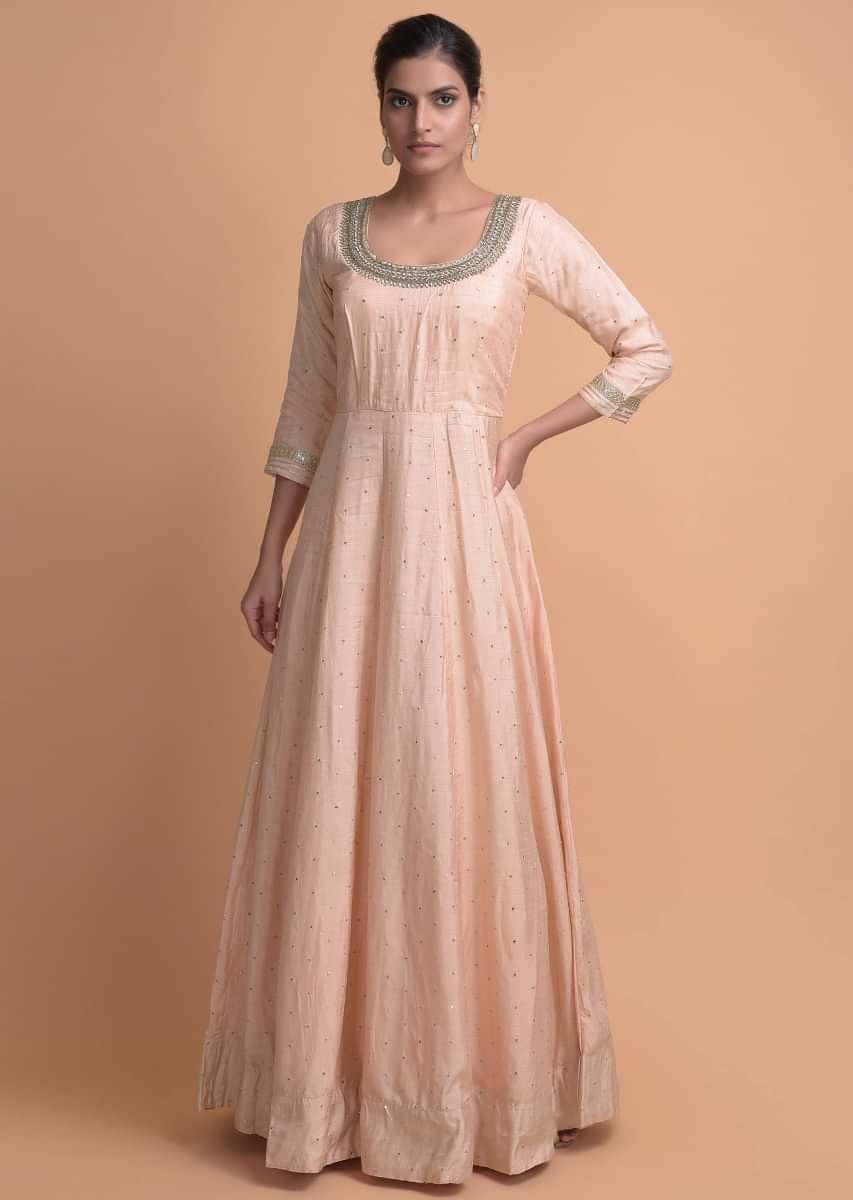 Peach Anarkali Suit In Silk With Sequins And Zari Buttis All Over