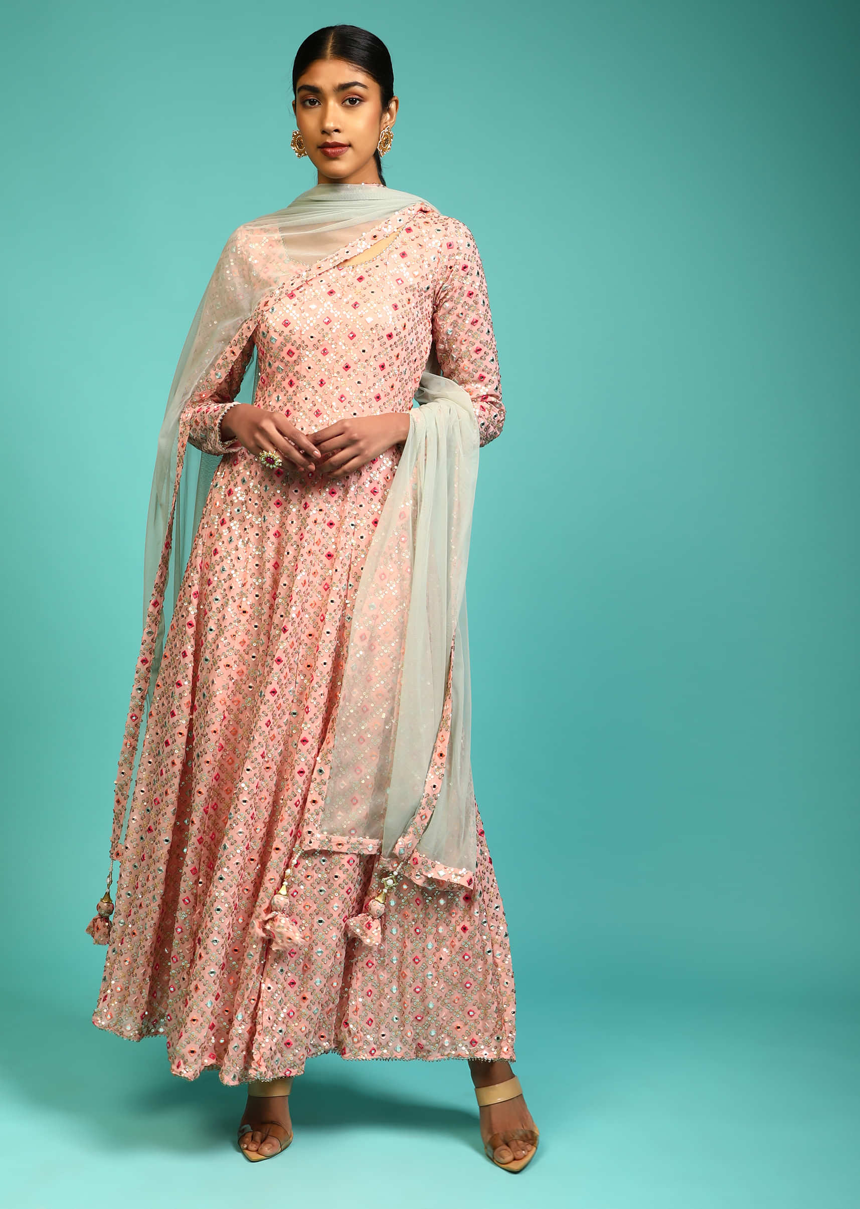Peach Anarkali Suit In Georgette With Full Sleeves And Multi Color Resham And Abla Work All Over  