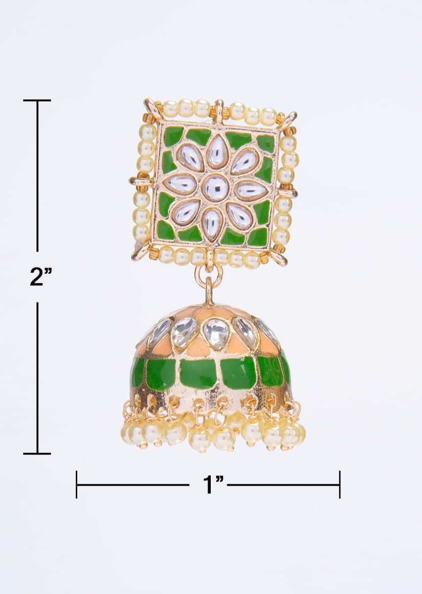 Peach and green shaded jadau earring with kundan work only on kalki