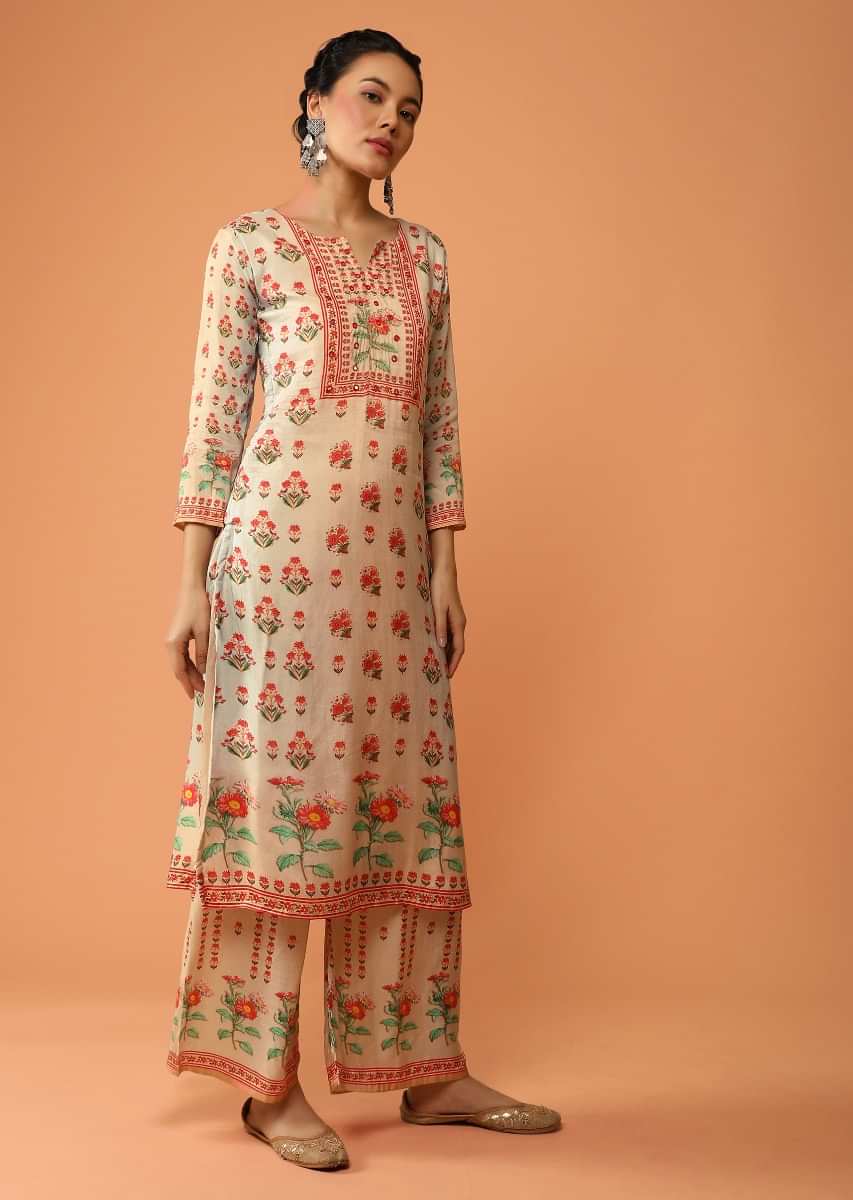 Peach And Grey Shaded Straight Cut Palazzo Suit In Cotton With Floral Printed Buttis And Abla Work  