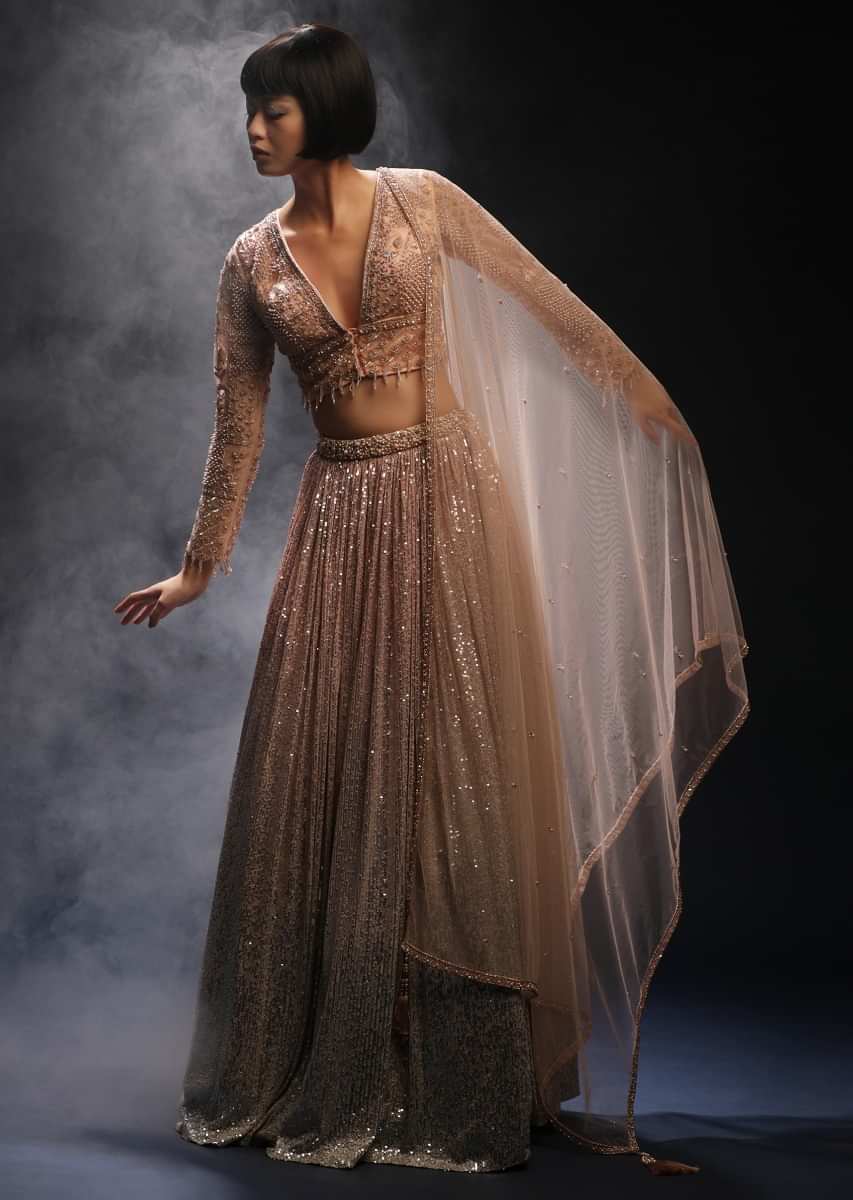 Priva Collective - PV 4305 : Peach and Silver lehenga Look classy in this  pretty peach net with silver hand work embroidered lahenga Blouse : Peach  silver net embroidered blouse For Orders,