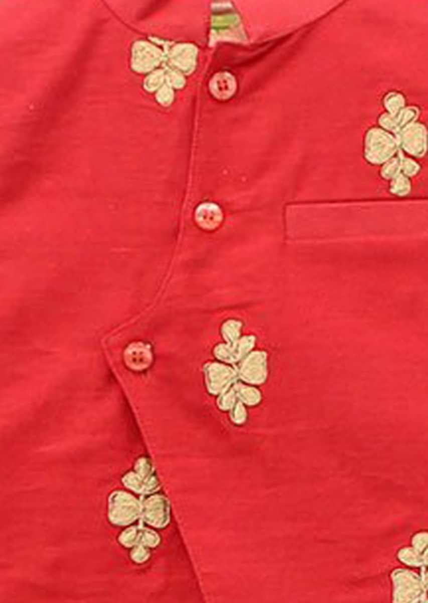 Peach Asymmetric Kurta Matched With Red Embroidered Jacket And Cotton Pants Online - Kalki Fashion