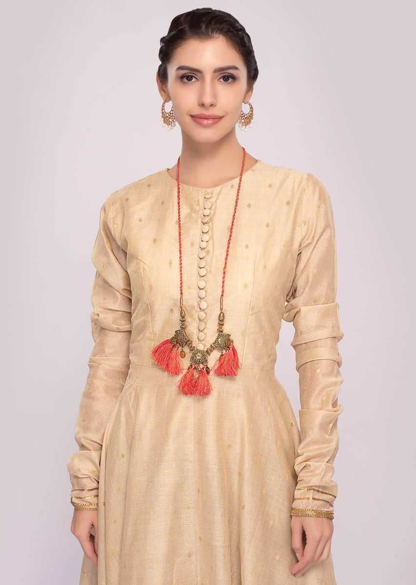 Peach Anarkali Dress In Cotton Paired With Shaded Brocade Dupatta Online - Kalki Fashion