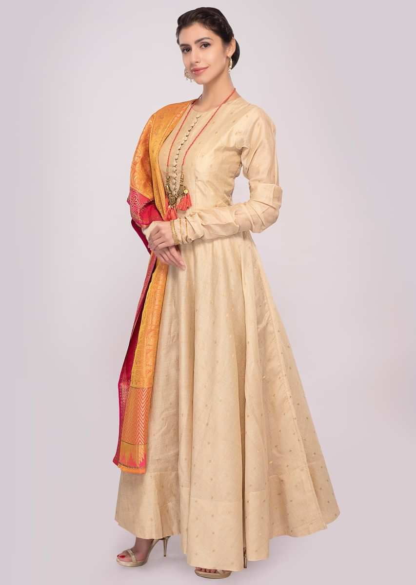 Peach Anarkali Dress In Cotton Paired With Shaded Brocade Dupatta Online - Kalki Fashion