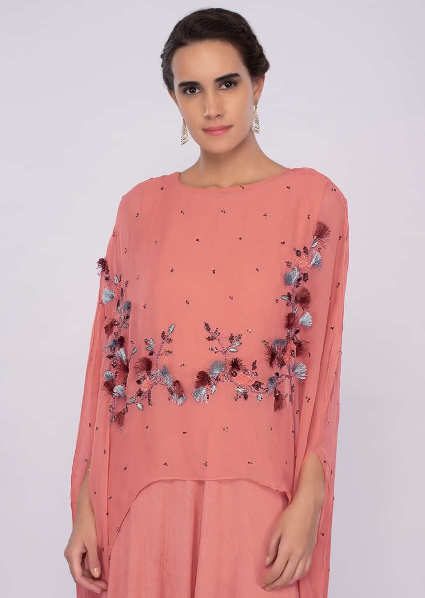 Peach cotton silk dress with additional front short back long top layer only on kalki