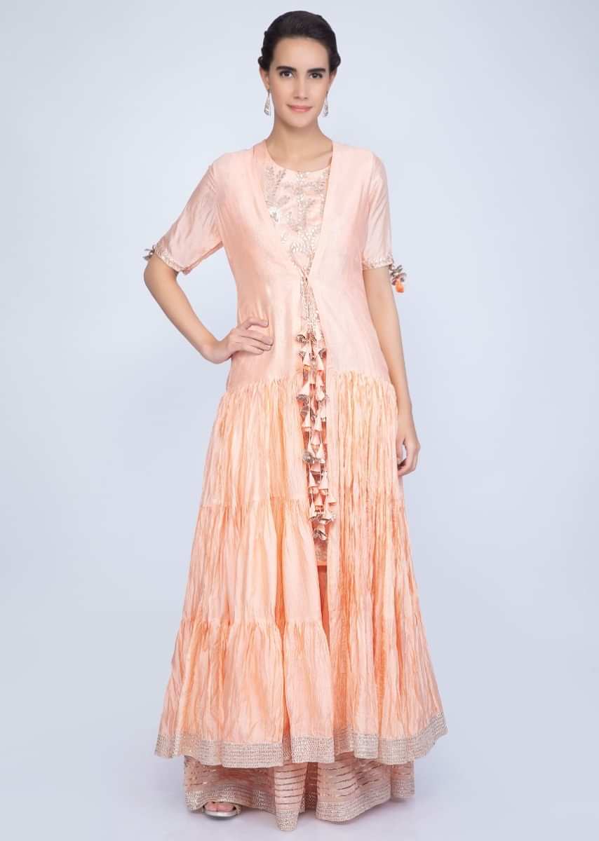 Peach Suit In Embroidered Cotton Silk With Matching Palazzo And Long Jacket With Crushed Layers Online - Kalki Fashion