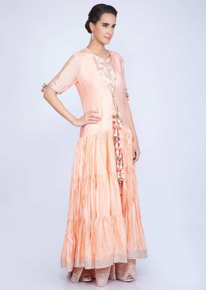 Peach Suit In Embroidered Cotton Silk With Matching Palazzo And Long Jacket With Crushed Layers Online - Kalki Fashion