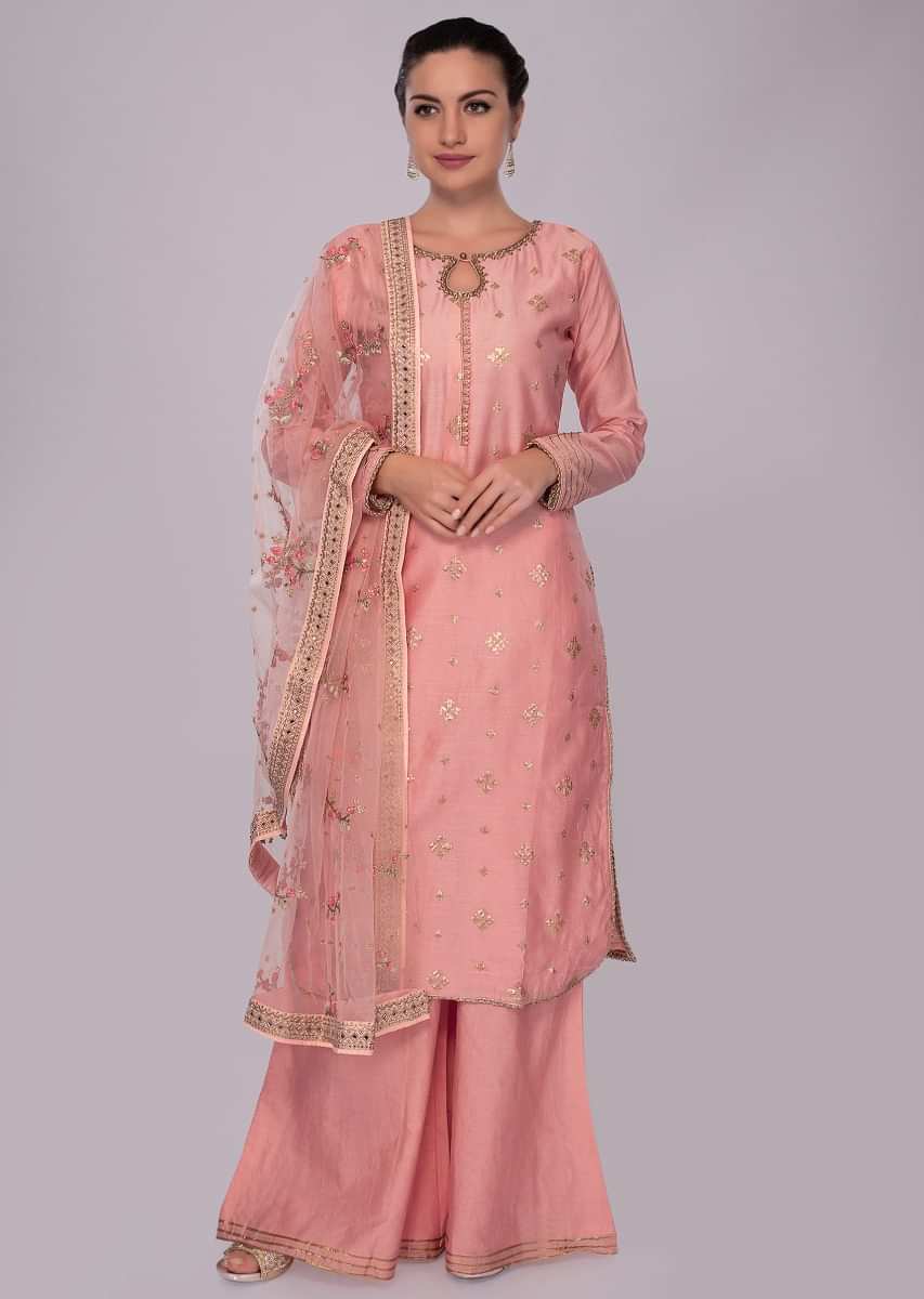Peach cotton silk sharara suit set with net dupatta