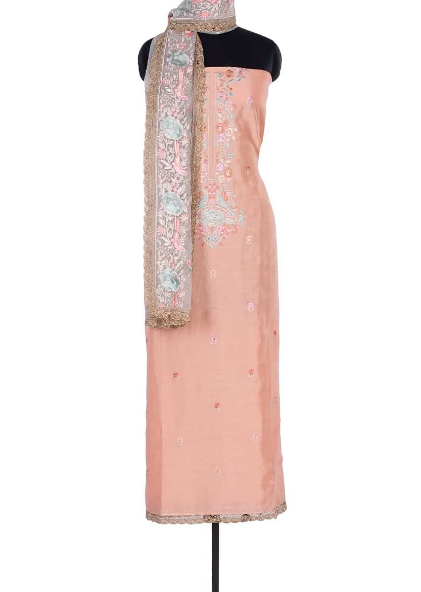 Peach cotton unstitch suit with embroidery and butti only on Kalki
