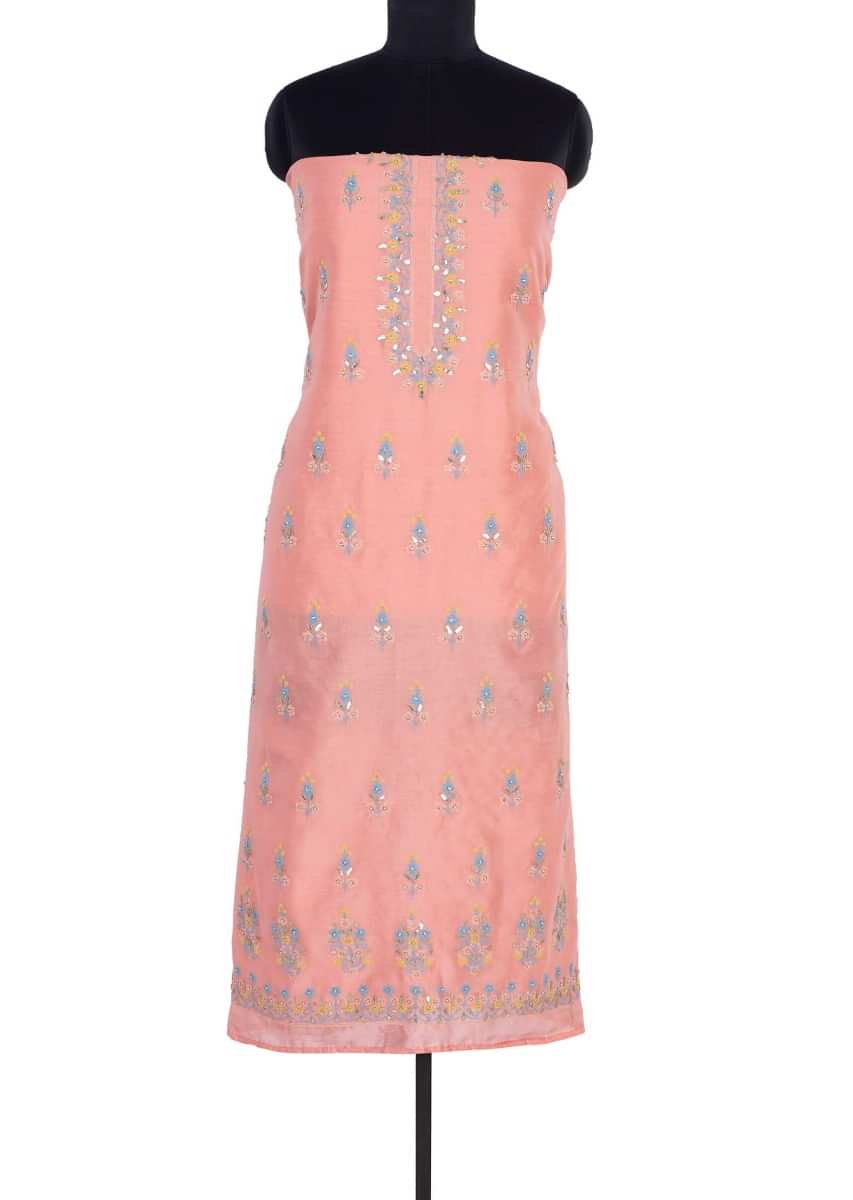 Peach cotton unstitch suit with embroidery and butti only on Kalki