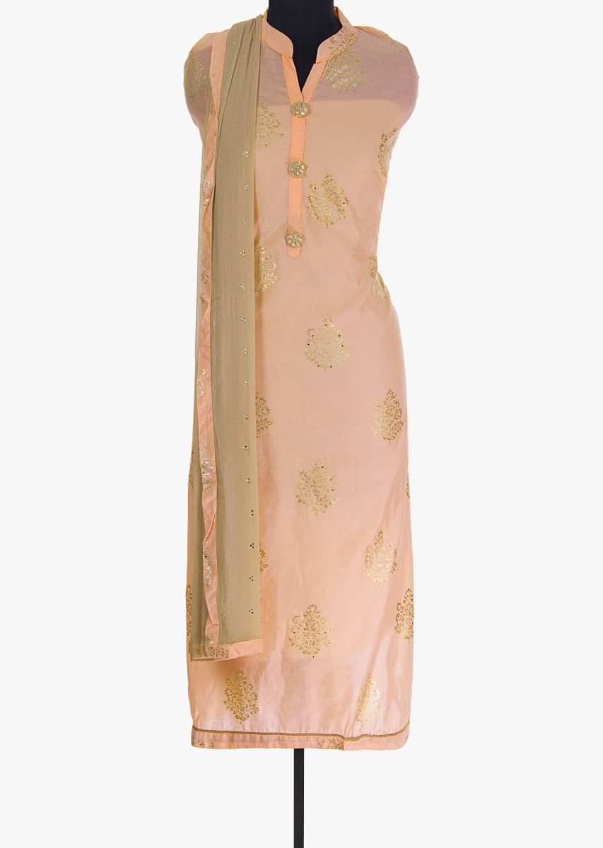 Peach cotton unstitched suit in foil printed butti