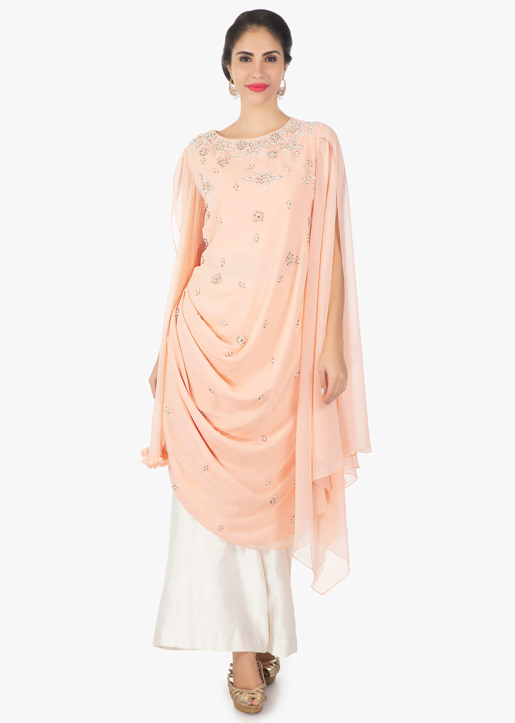 Peach cowl drape georgette kurti with white silk pant