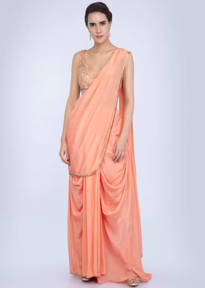 Peach Ready Plated Dhoti Saree In Crepe Satin Online - Kalki Fashion