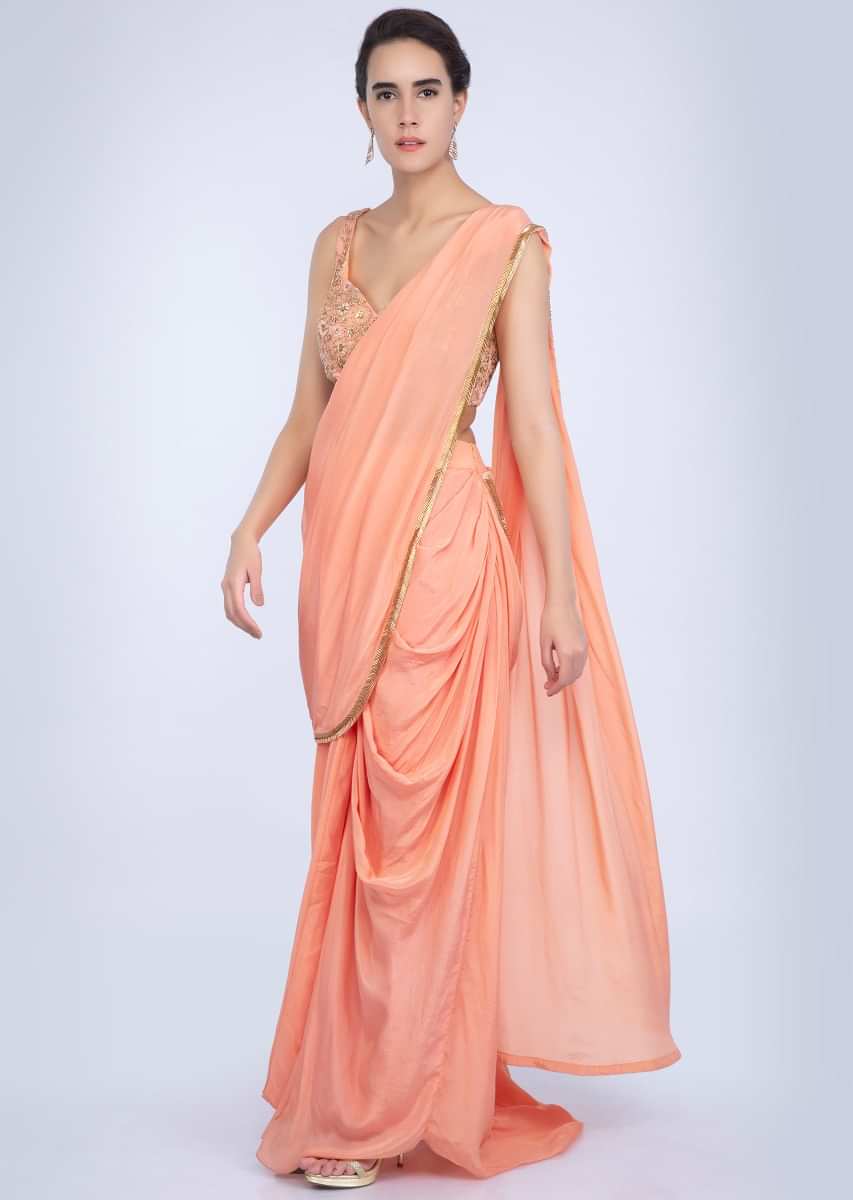 Peach Ready Plated Dhoti Saree In Crepe Satin Online - Kalki Fashion