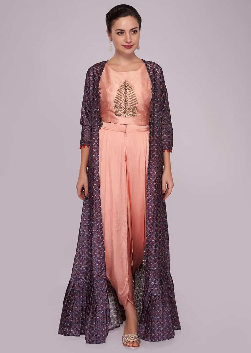 Peach dhoti set matched with grape purple jacquard in floral print 