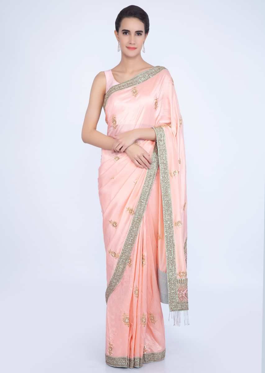 Peach Saree In Dupion With Embroidered Butti And Border Online - Kalki Fashion
