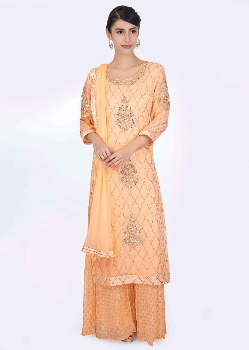 Peach embroidered georgette suit with weaved georgette pant and matching chiffon dupatta 