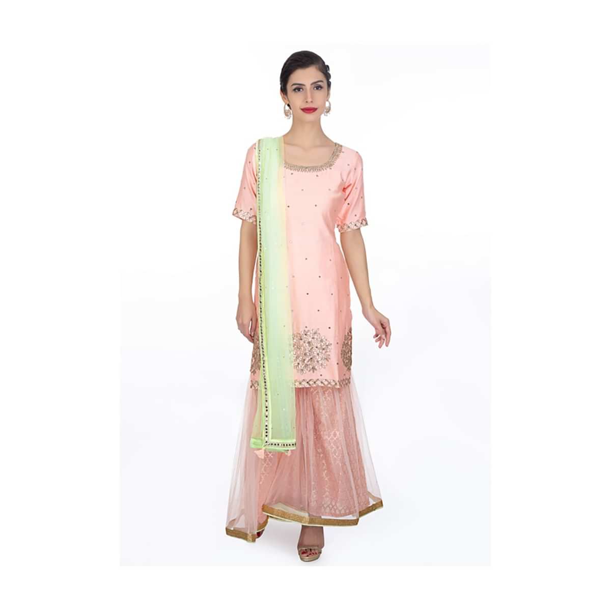 Peach embroidered silk sharara suit paired contrasting  net dupatta only on Kalki
