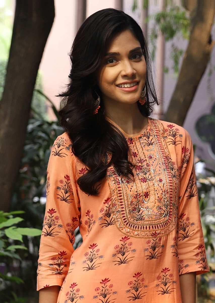 Peach Top With Floral Print And Matching Dhoti Pant Online - Kalki Fashion