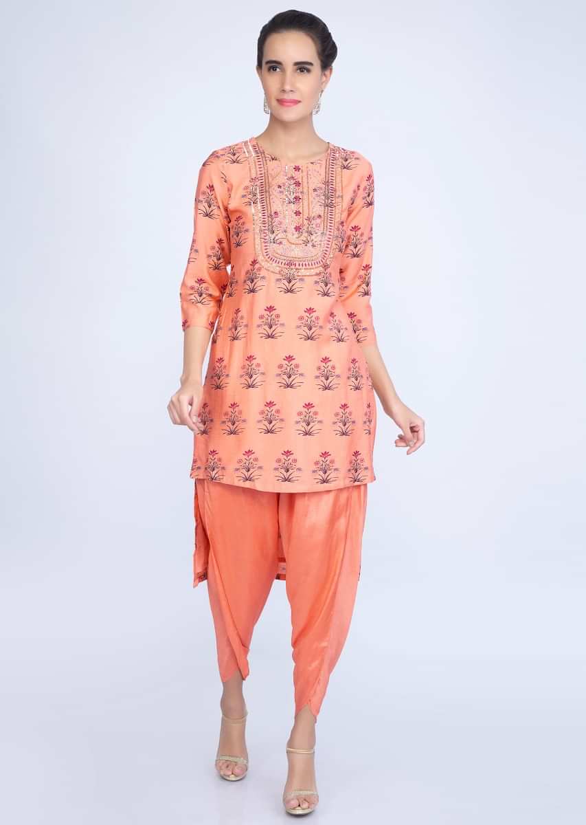 Peach Top With Floral Print And Matching Dhoti Pant Online - Kalki Fashion