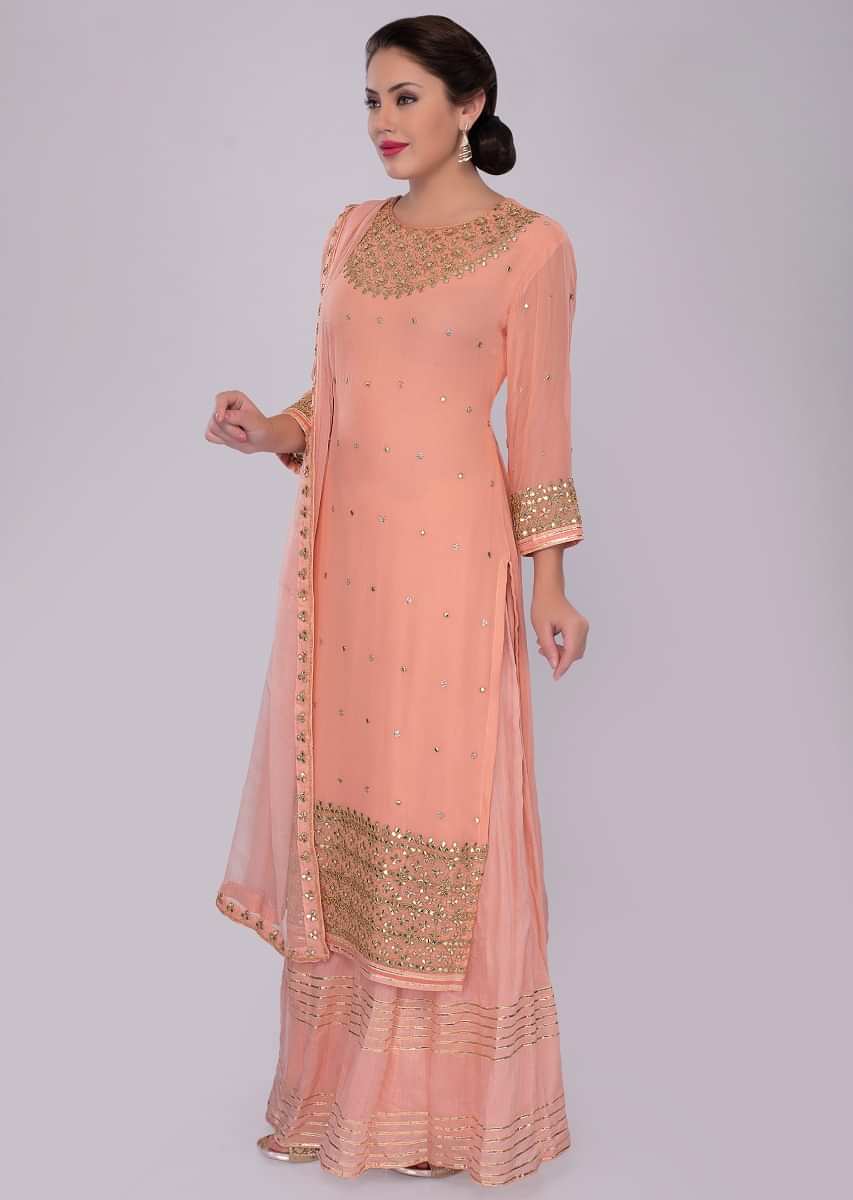 Peach georgette suit in gotta patch embroidery 