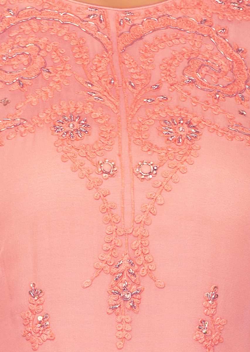 Peach georgette suit with matching palazzo and chiffon dupatta 