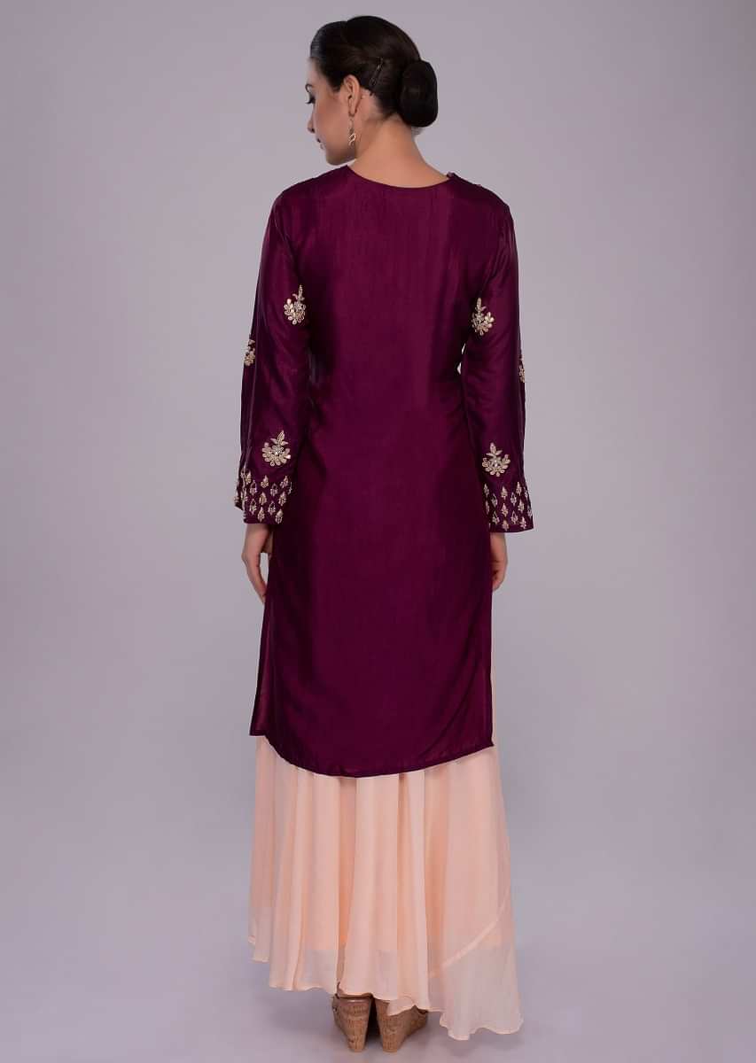 Peach georgette tunic dress with jam purple embroidered top layer