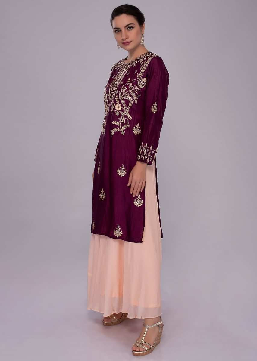 Peach georgette tunic dress with jam purple embroidered top layer