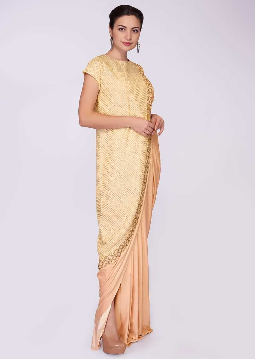 Peach illusion neck saree gown in lycra fabric  