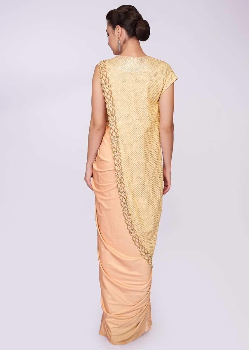 Peach illusion neck saree gown in lycra fabric  