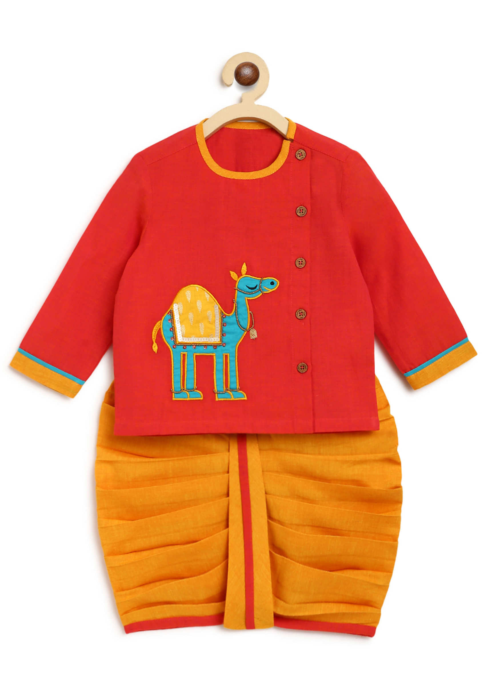 Kalki Boys Peach Kurta And Yellow Dhoti Set In Cotton With Moti, Resham And Zardosi Embroidered Camel Motif By Tiber Taber