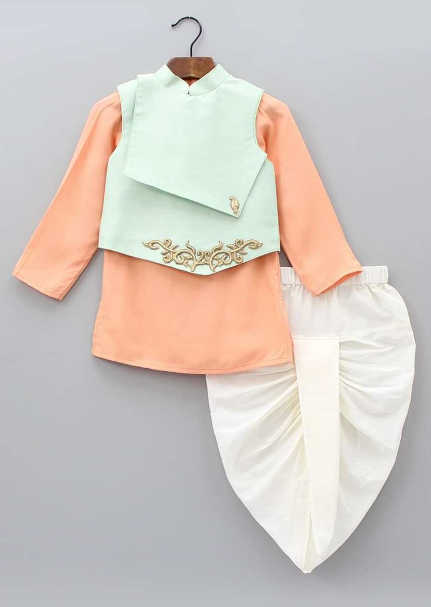 Peach Kurta With Asymmetric Zari Embroidered Jacket And Dhoti Pants Online - Kalki Fashion