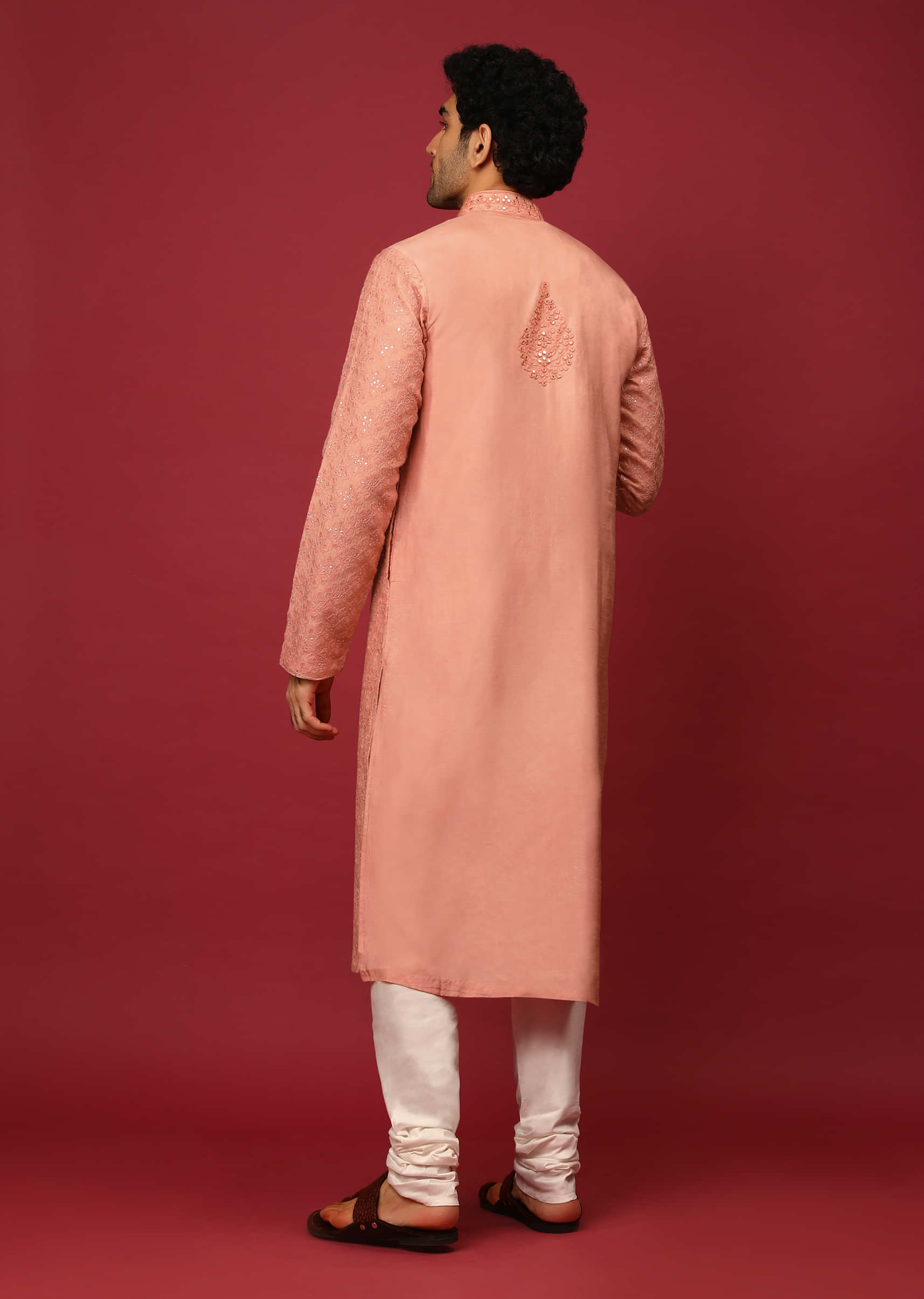 Peach Kurta Set In Raw Silk With Resham And Mirror Embroidered Floral Buttis  