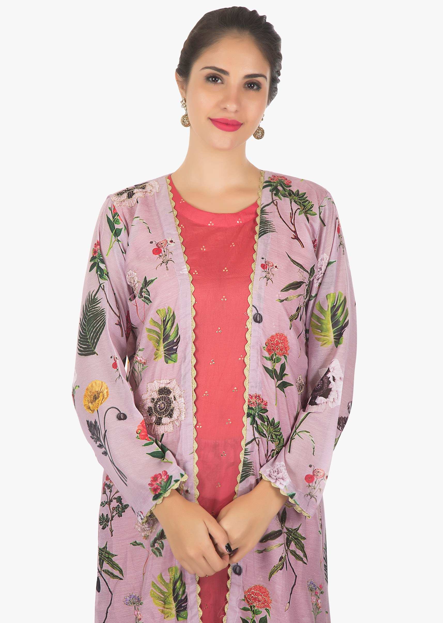Peach kurti with floral print cotton palazzo and jacket only on kalki