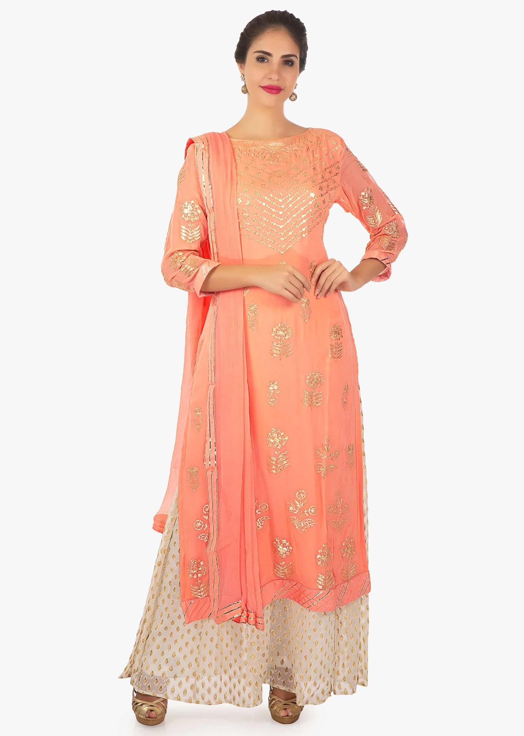Peach Kurti With Paired With Off White Palazzo And A Chiffon Dupatta Online - Kalki Fashion